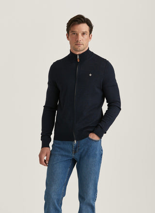 Morris Merino Zip Cardigan Marinblå Herr
