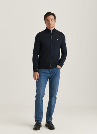 Morris Merino Zip Cardigan Marinblå Herr