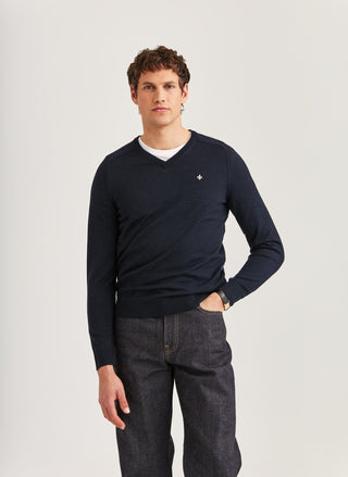 Morris Merino Vneck Marinblå Herr