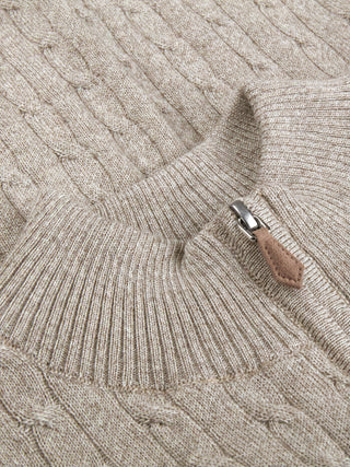 Stenströms beige merino cable half zip herr tröja