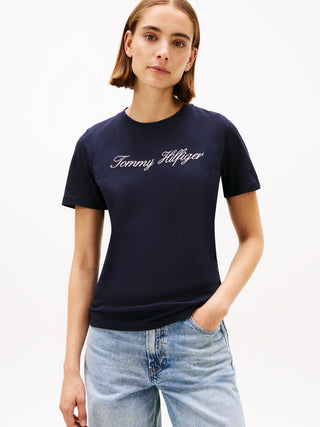 Tommy Hilfiger Broderad Signatur T-shirt Dam Navy