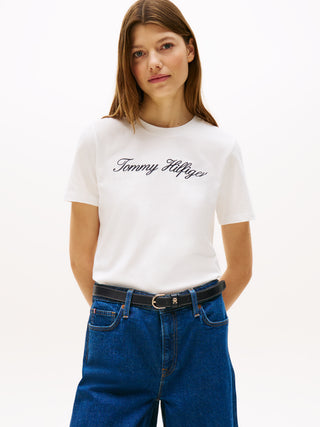 Tommy Hilfiger Broderad Signatur T-shirt Dam White