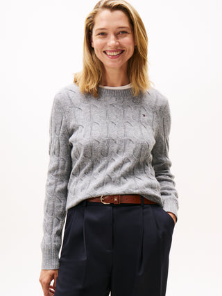 Tommy Hilfiger Tröja Dam – Grå Soft Wool Cable Knit Rundhalsad