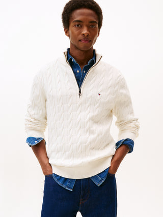 Tommy Hilfiger Tröja Herr – Cable Knit Half Zip Jumper Vit