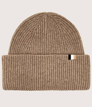 BOSS Mössa Dam – Ribbstickad Beanie med Signature Stripe Beige